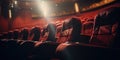 Close up Comfortable Soft Red Chairs in Empty Movie Cinema. Close up Red Seats in a Row. Viewed Over Stage. Generative Royalty Free Stock Photo