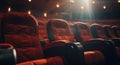 Close up Comfortable Soft Red Chairs in Empty Movie Cinema. Close up Red Seats in a Row. Viewed Over Stage. Generative Royalty Free Stock Photo