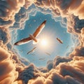 Close-up of a common seagull as it flies the through the sky