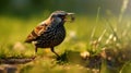 A close-up of a Common Starling foraging in the grass