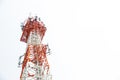 Close up communication tower top. Radio antenna Tower , microwave antenna tower on light sky background. wireless technology conce Royalty Free Stock Photo