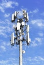 Close up of communications tower with blue sky and while clouds Royalty Free Stock Photo