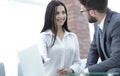 Close-up of company employees communicating in the office Royalty Free Stock Photo