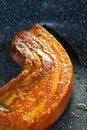 Close-up of a complete piece of delicious fried pork belly