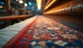 Close-up of complex carpet woven on antique loom in workshop. Skilled artisans create intricate patterns using traditional Royalty Free Stock Photo