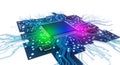 Close-up of a complex computer motherboard with a central processor chip illuminated by vibrant green and purple Royalty Free Stock Photo