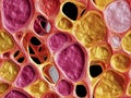 Close-up of a complex, densely packed tissue sample with vibrant pink, purple, and yellow structures resembling biological tissues Royalty Free Stock Photo