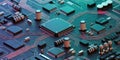 Close-up of a complex electronic circuit board with glowing lines and chips electronics Royalty Free Stock Photo