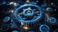 CLOSE-UP OF COMPLEX METALLIC GEAR SYSTEM WITH BLUE LENS AND GLOWING LIGHTS