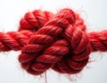 Close up of complex red rope knot. Thick cord forms intricate tangle, showing fiber texture. This visual can represent challenge Royalty Free Stock Photo
