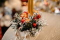 Close-up of composition of fir branches and Christmas decorations with candles Royalty Free Stock Photo