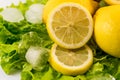Close up composition of fresh lemons and ice on salad Royalty Free Stock Photo