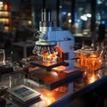 close up of compound microscope with a ray of orange