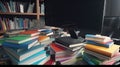 Close up of computer with black screen on table full of pile of colored books. Study in the library, educational concept