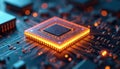 Close up of computer chip on circuit board with glowing lights. Tech concept shows advanced electronic component. Innovation, Royalty Free Stock Photo
