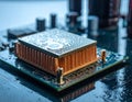 Closeup of a computer chip with a copper heatsink and water droplets on a circuit board highlighting advanced cooling technology Royalty Free Stock Photo