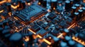 A close-up of a computer chip with lots of orange and yellow lights. The concept of complexity and intricacy, as well as advanced