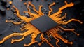 Closeup of a computer chip with orange circuitry on a dark background Royalty Free Stock Photo