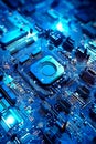 Close up of computer chip on top of blue circuit board. Generative AI Royalty Free Stock Photo