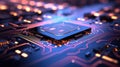 A close up of a computer chip on top of an electronic circuit board, AI Royalty Free Stock Photo
