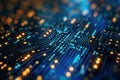 Close Up of a Computer Circuit Board, Circuit board background with a layer of transparent binary code over it, AI Generated Royalty Free Stock Photo