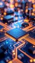 Close up of a computer circuit board with glowing orange and blue lights, technology concept Royalty Free Stock Photo