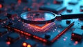 Close up of computer circuit board with glowing red lights. Magnifying glass hovers over microchip, suggesting digital analysis, Royalty Free Stock Photo