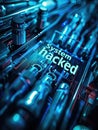 Close-up of a computer circuit board with "System Hacked" text in illuminated blue.