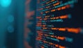 Close-up of computer code on screen, displaying advanced software development and coding skills. Dark background features blue Royalty Free Stock Photo