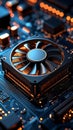 Close-up of a computer CPU fan on a circuit board with glowing lights Royalty Free Stock Photo