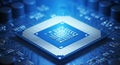 Close-up of a Computer CPU Microprocessor with Blue Glowing Circuitry chip Royalty Free Stock Photo