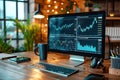 Close-up of the computer with glowing forex index chart with grid on blurry background