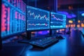 Close-up of the computer with glowing forex index chart with grid on blurry background