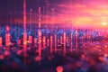 Close-up of the computer with glowing forex index chart with grid on blurry background