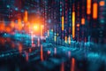Close-up of the computer with glowing forex index chart with grid on blurry background