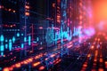 Close-up of the computer with glowing forex index chart with grid on blurry background
