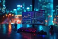 Close-up of the computer with glowing forex index chart with grid on blurry background