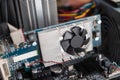 Close up of computer graphics card with cooling fan components Royalty Free Stock Photo