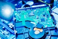 Close-up computer hard drive HD. Concept of technology. Blue tone Royalty Free Stock Photo