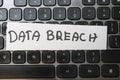 Close-up of a computer keyboard showcasing a note that reads DATA BREACH. The image highlights cybersecurity concerns an Royalty Free Stock Photo