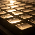 Close-up of a computer keyboard with a soft, warm light illuminating the keys. The focus is on the Royalty Free Stock Photo