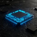 Close-up of a computer microchip on a dark circuit board. The microchip features Royalty Free Stock Photo