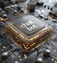 Close-up of a computer microchip labeled chat bot on a circuit board illuminated by intricate patterns Royalty Free Stock Photo