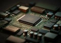 Close-up of a computer microchip showcasing intricate electronic components