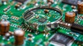 Close up of computer microchips inspected through magnifying glass with room for text placement