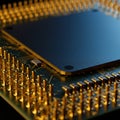 Close-up of a computer microprocessor, featuring a dark rectangular central Royalty Free Stock Photo