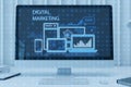 Close up of computer monitor with creative blue gadgets and business chart hologram on blurry pixel background. Digital marketing