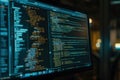 Close-up of computer monitor displaying code lines in binary language. Software development concept with background of black Royalty Free Stock Photo