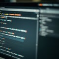 Close-up of a computer monitor displaying lines of code, primarily in a dark-themed Royalty Free Stock Photo