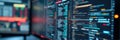 Close-up of computer monitors displaying code in a dimly lit tech environment Royalty Free Stock Photo